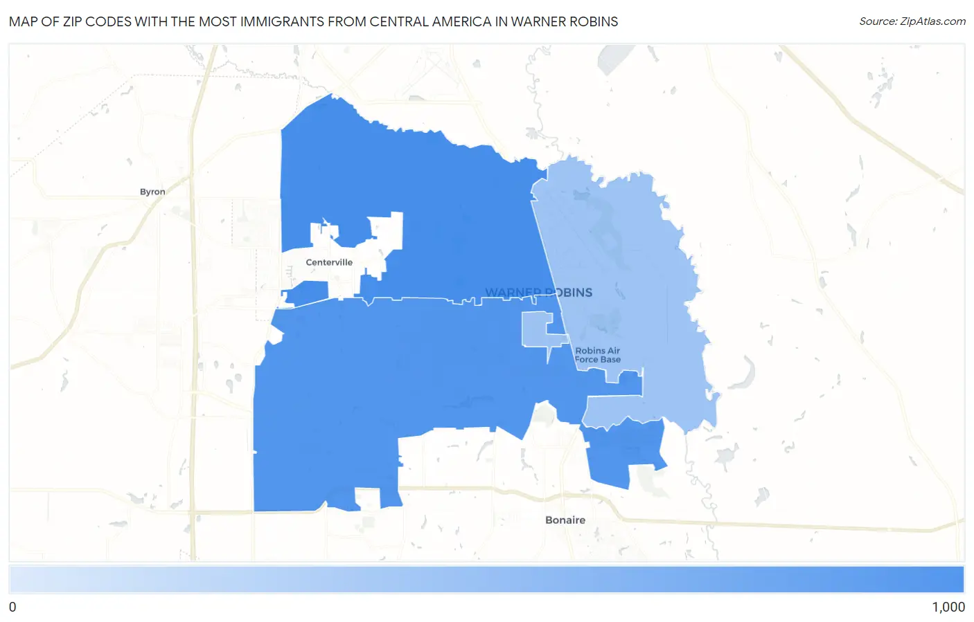 Zip Codes with the Most Immigrants from Central America in Warner Robins Map