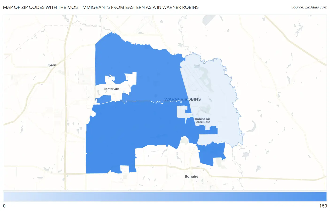 Zip Codes with the Most Immigrants from Eastern Asia in Warner Robins Map