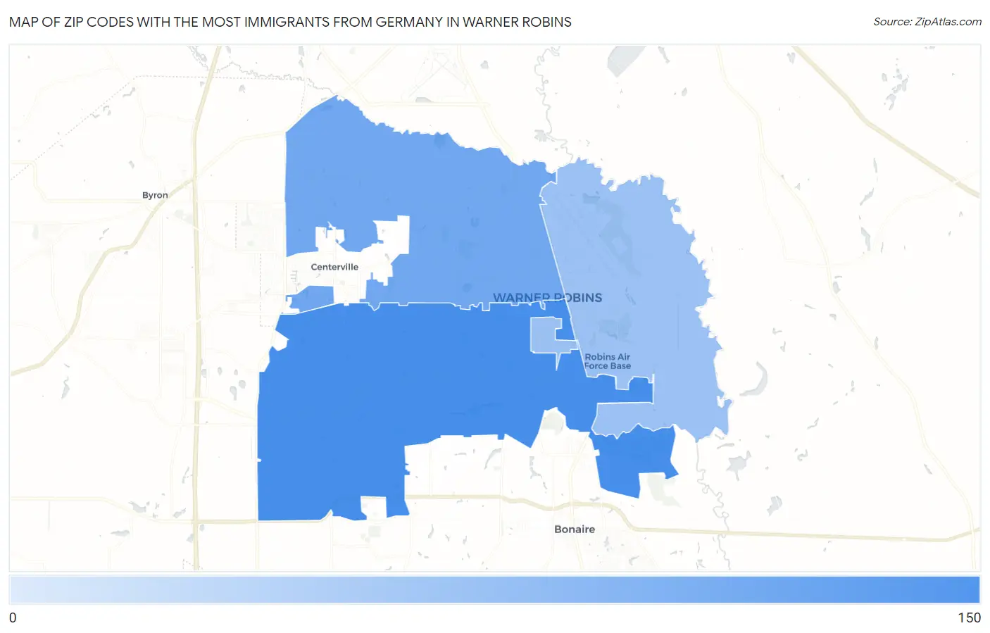 Zip Codes with the Most Immigrants from Germany in Warner Robins Map