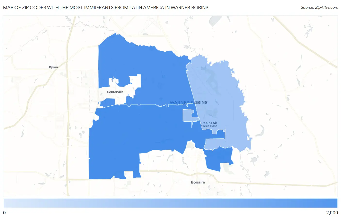 Zip Codes with the Most Immigrants from Latin America in Warner Robins Map