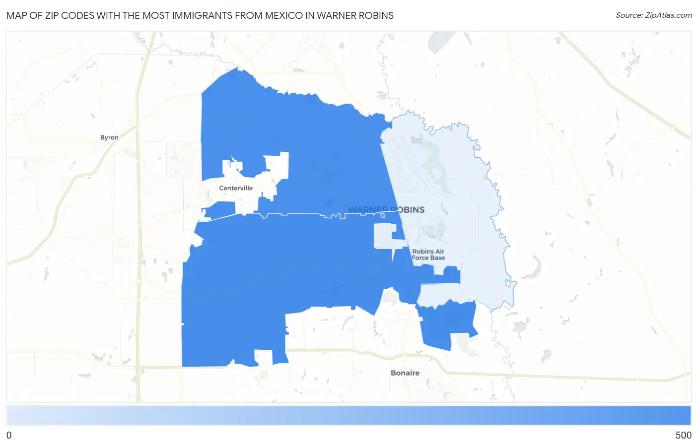 Zip Codes with the Most Immigrants from Mexico in Warner Robins Map