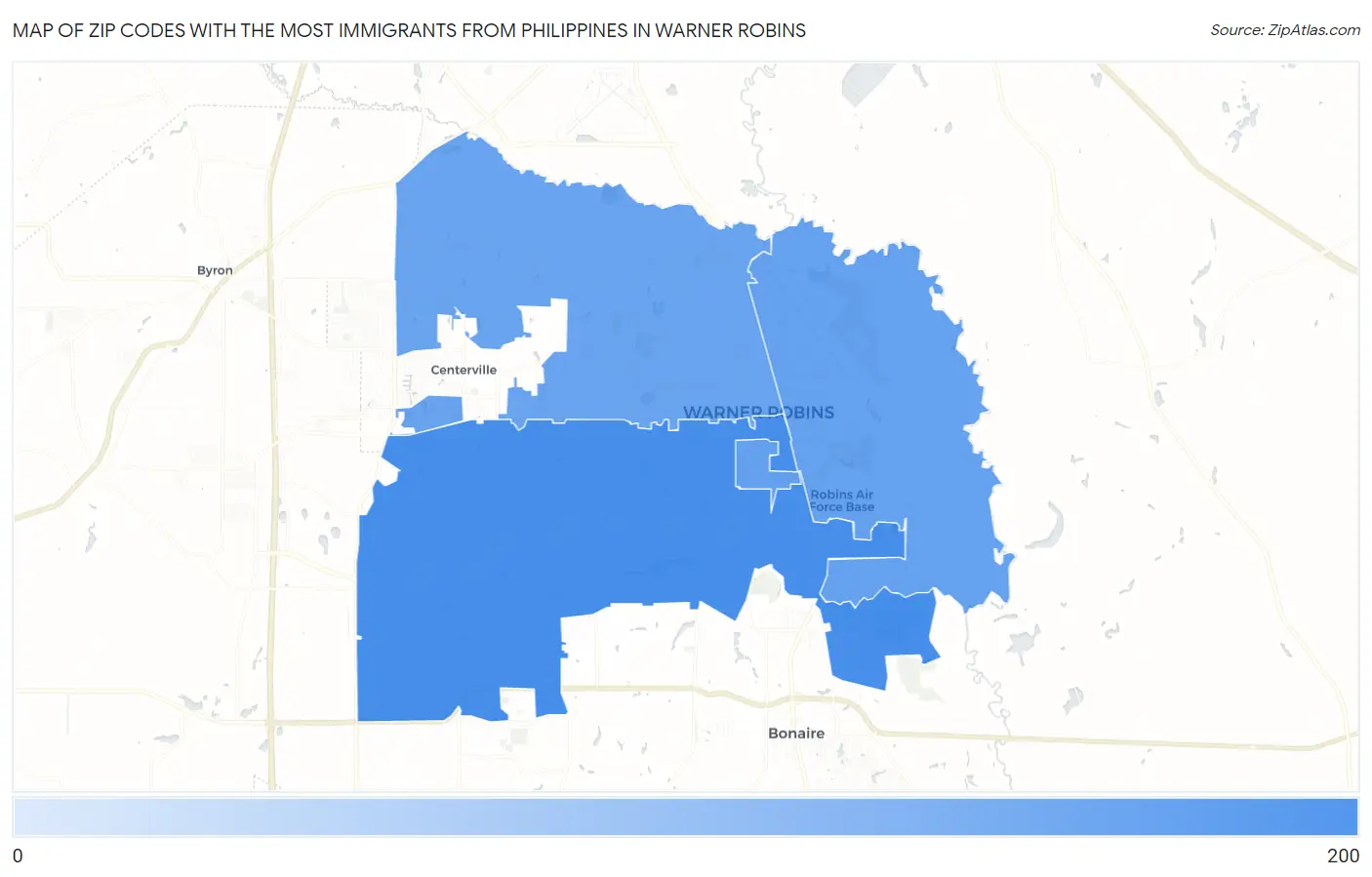 Zip Codes with the Most Immigrants from Philippines in Warner Robins Map