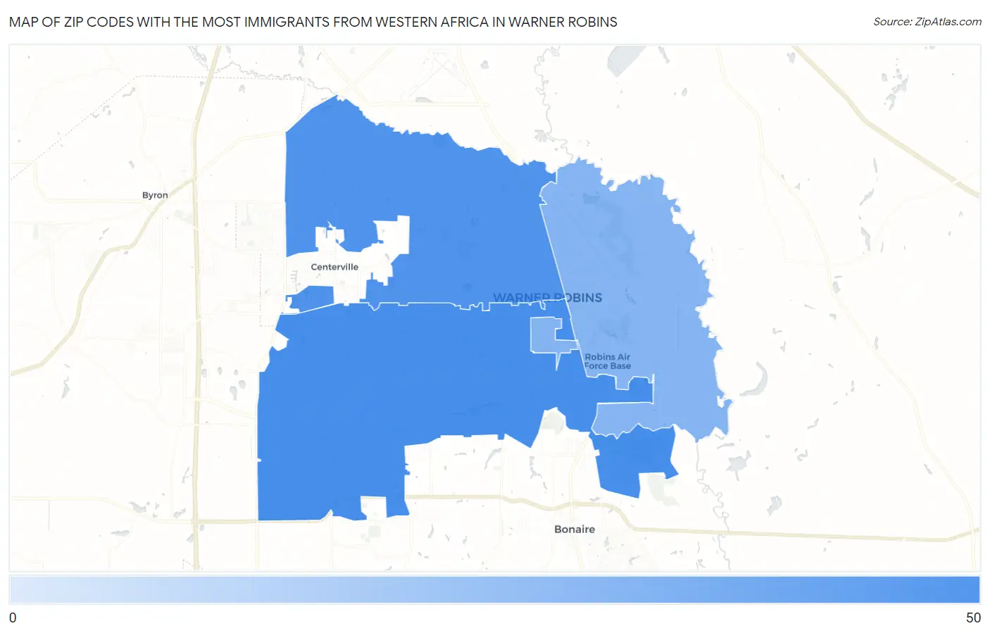 Zip Codes with the Most Immigrants from Western Africa in Warner Robins Map
