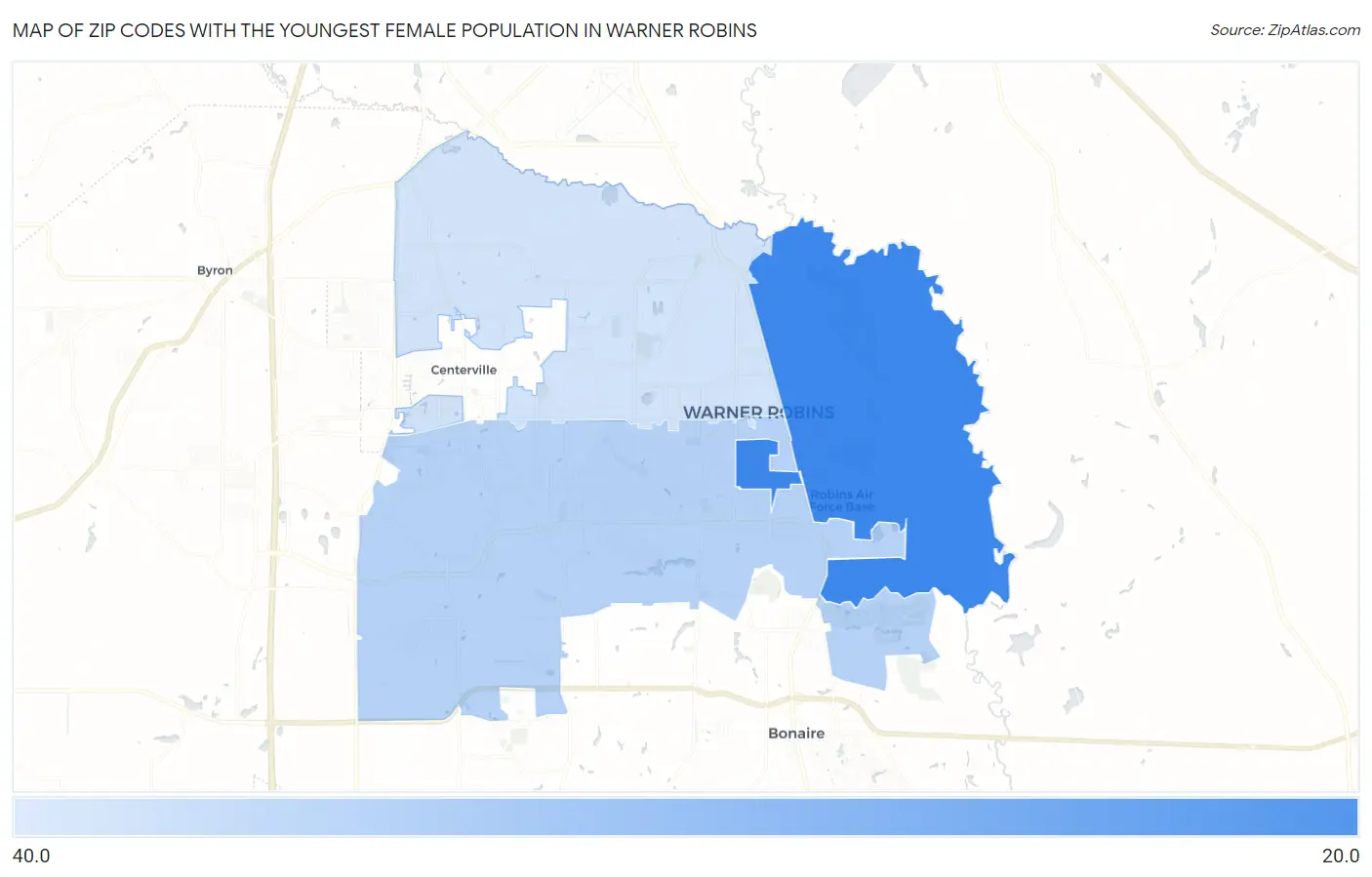 Zip Codes with the Youngest Female Population in Warner Robins Map