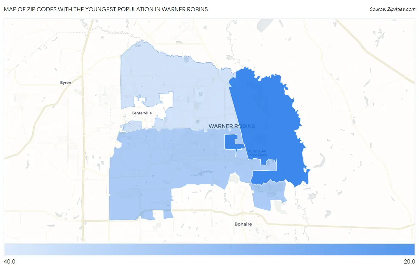 Zip Codes with the Youngest Population in Warner Robins Map