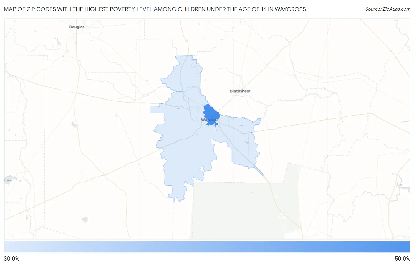 Zip Codes with the Highest Poverty Level Among Children Under the Age of 16 in Waycross Map