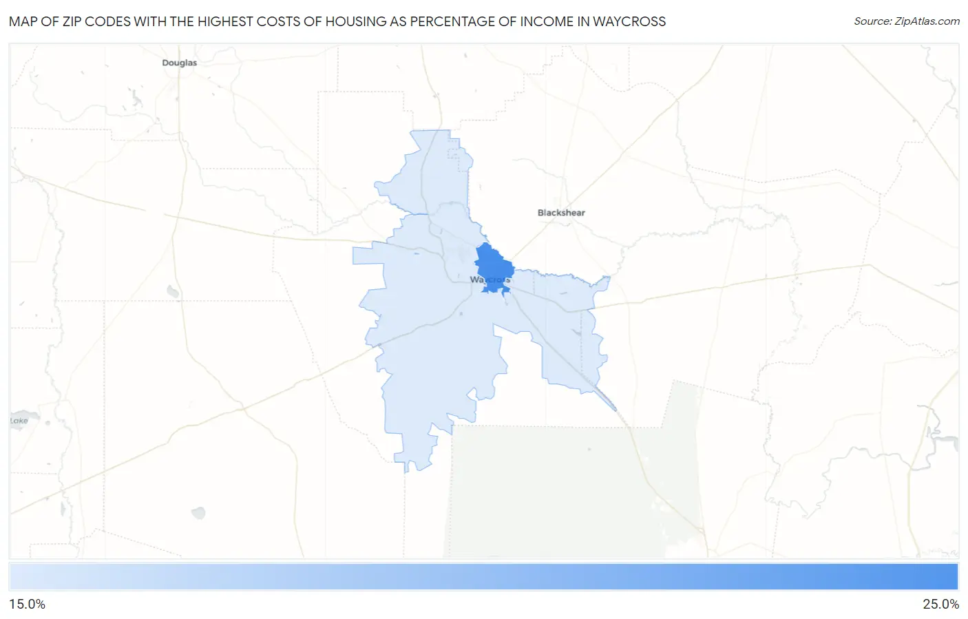 Zip Codes with the Highest Costs of Housing as Percentage of Income in Waycross Map