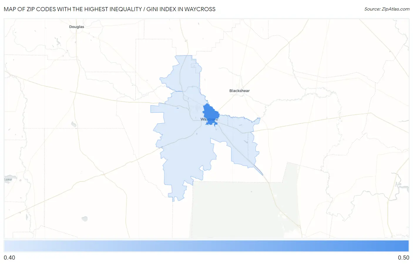 Zip Codes with the Highest Inequality / Gini Index in Waycross Map