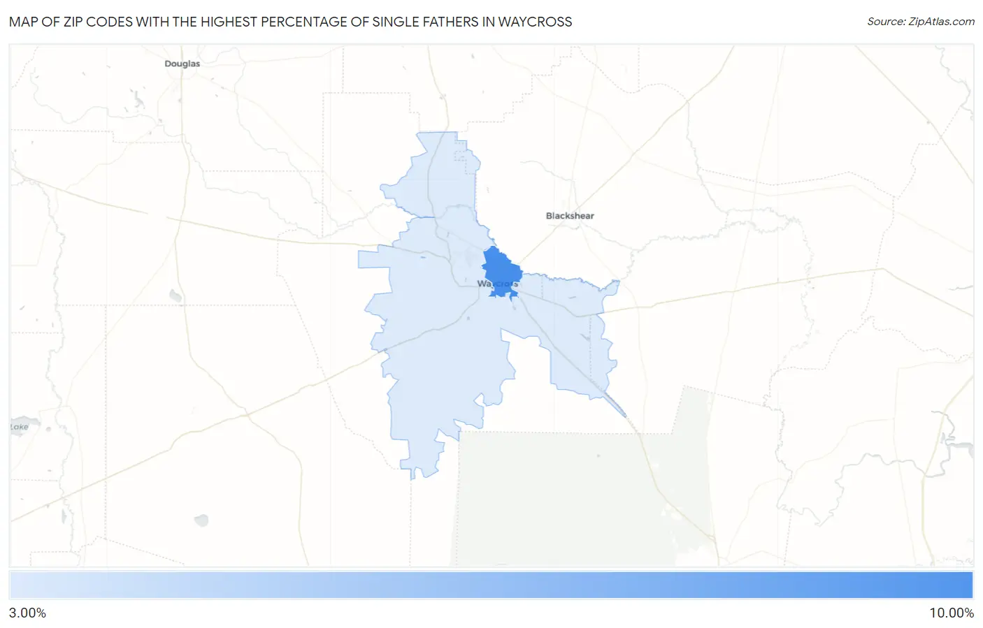 Zip Codes with the Highest Percentage of Single Fathers in Waycross Map