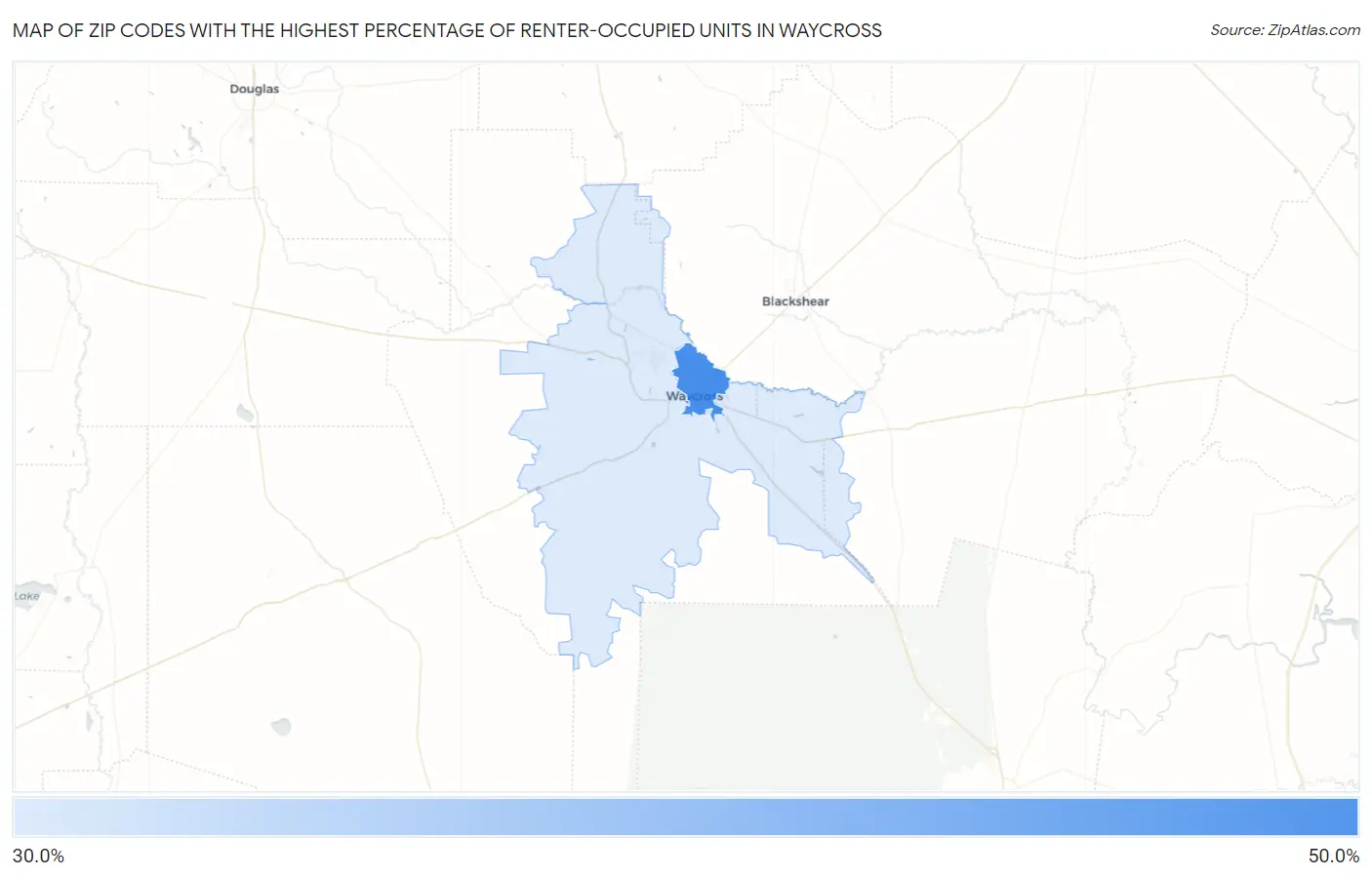 Zip Codes with the Highest Percentage of Renter-Occupied Units in Waycross Map