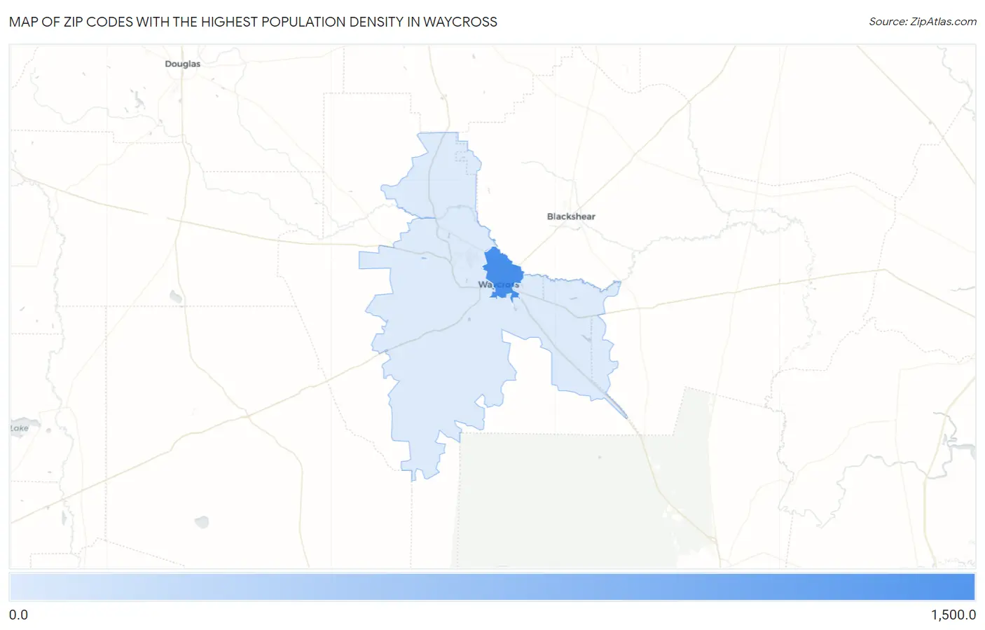 Zip Codes with the Highest Population Density in Waycross Map