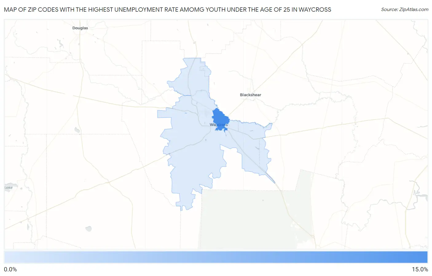 Zip Codes with the Highest Unemployment Rate Amomg Youth Under the Age of 25 in Waycross Map
