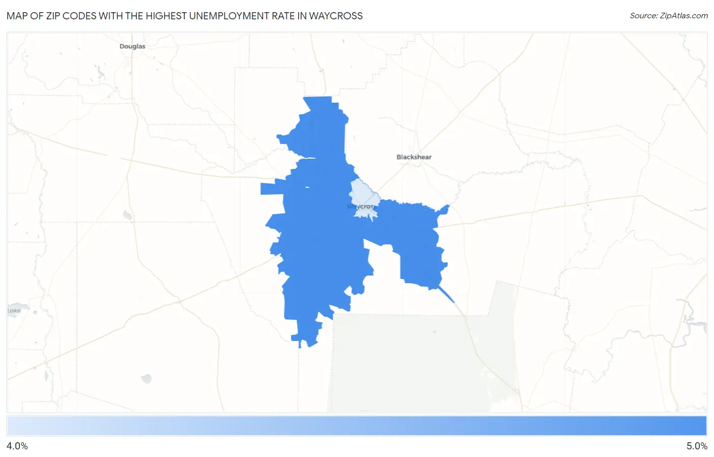Zip Codes with the Highest Unemployment Rate in Waycross Map