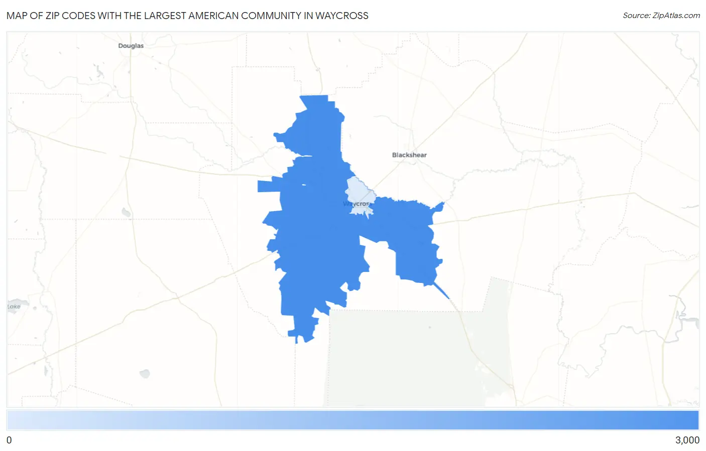 Zip Codes with the Largest American Community in Waycross Map