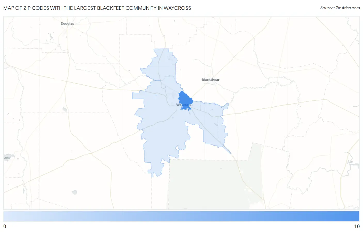 Zip Codes with the Largest Blackfeet Community in Waycross Map