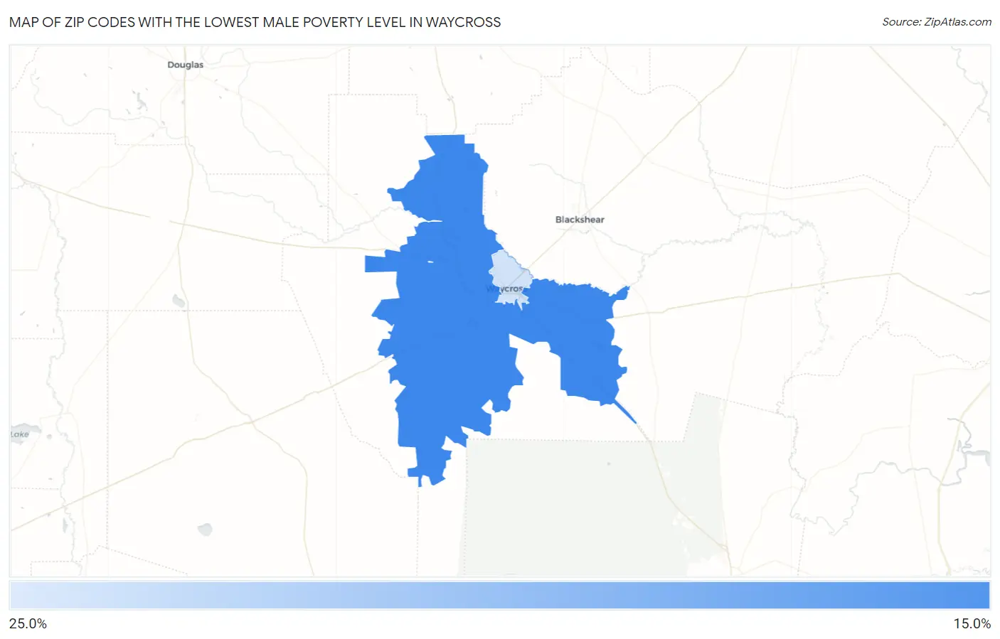 Zip Codes with the Lowest Male Poverty Level in Waycross Map