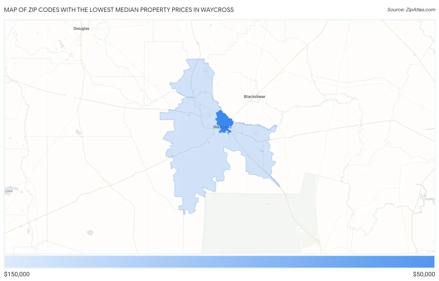 Zip Codes with the Lowest Median Property Prices in Waycross Map