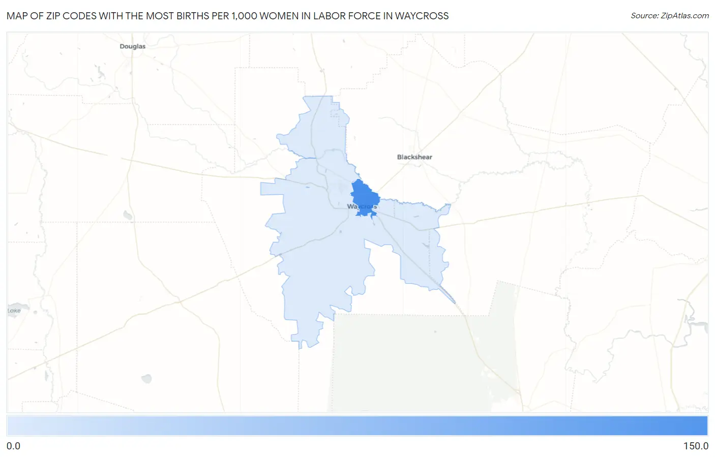 Zip Codes with the Most Births per 1,000 Women in Labor Force in Waycross Map