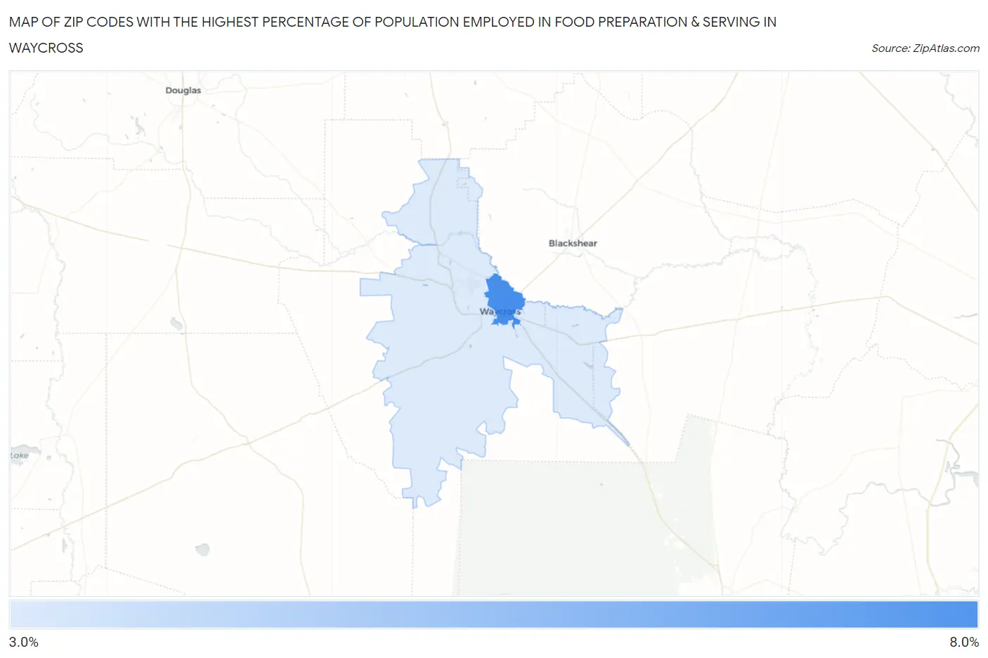 Zip Codes with the Highest Percentage of Population Employed in Food Preparation & Serving in Waycross Map