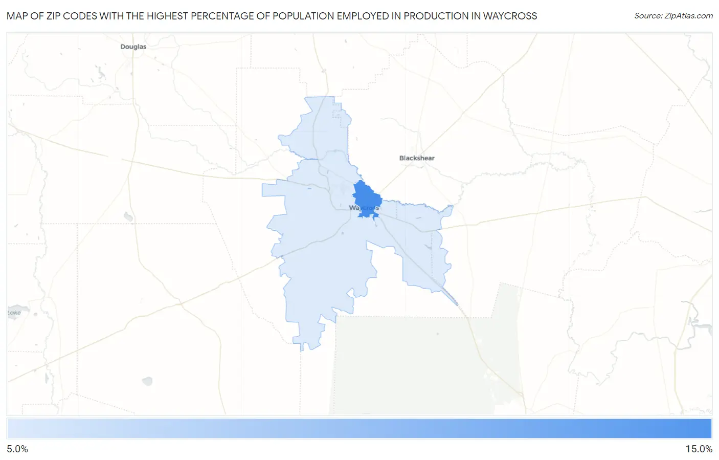 Zip Codes with the Highest Percentage of Population Employed in Production in Waycross Map
