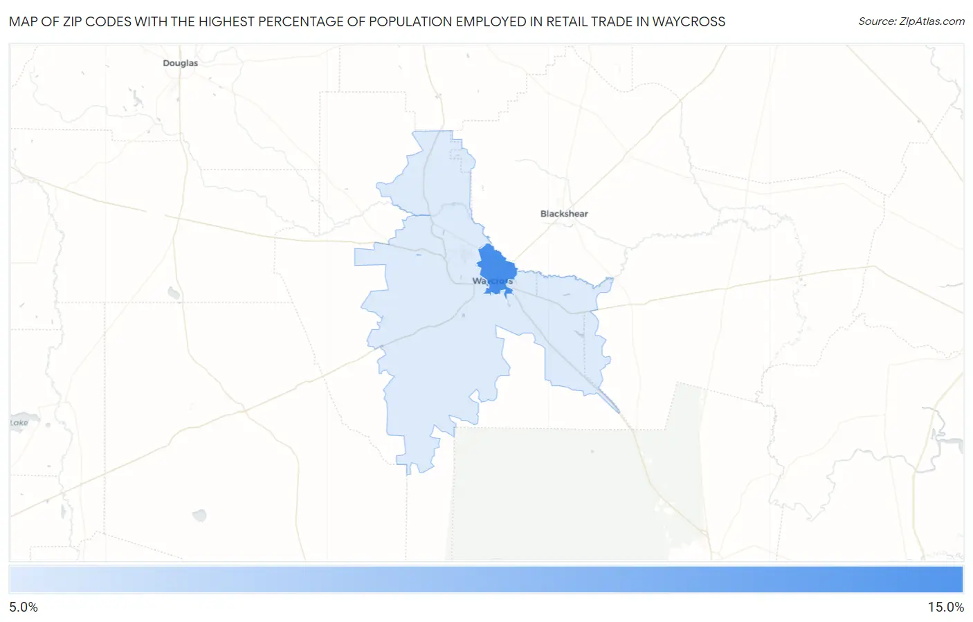 Zip Codes with the Highest Percentage of Population Employed in Retail Trade in Waycross Map