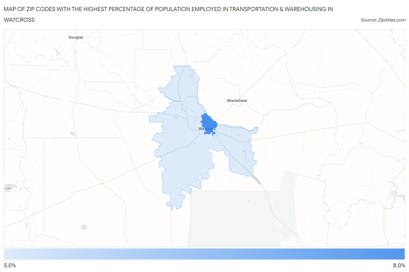 Zip Codes with the Highest Percentage of Population Employed in Transportation & Warehousing in Waycross Map