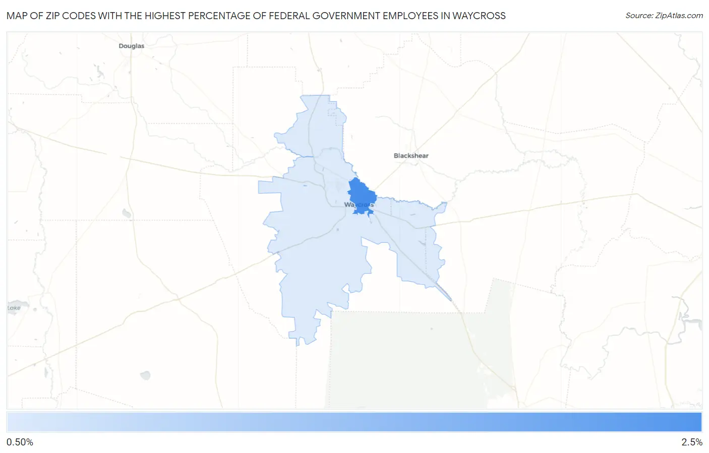 Zip Codes with the Highest Percentage of Federal Government Employees in Waycross Map