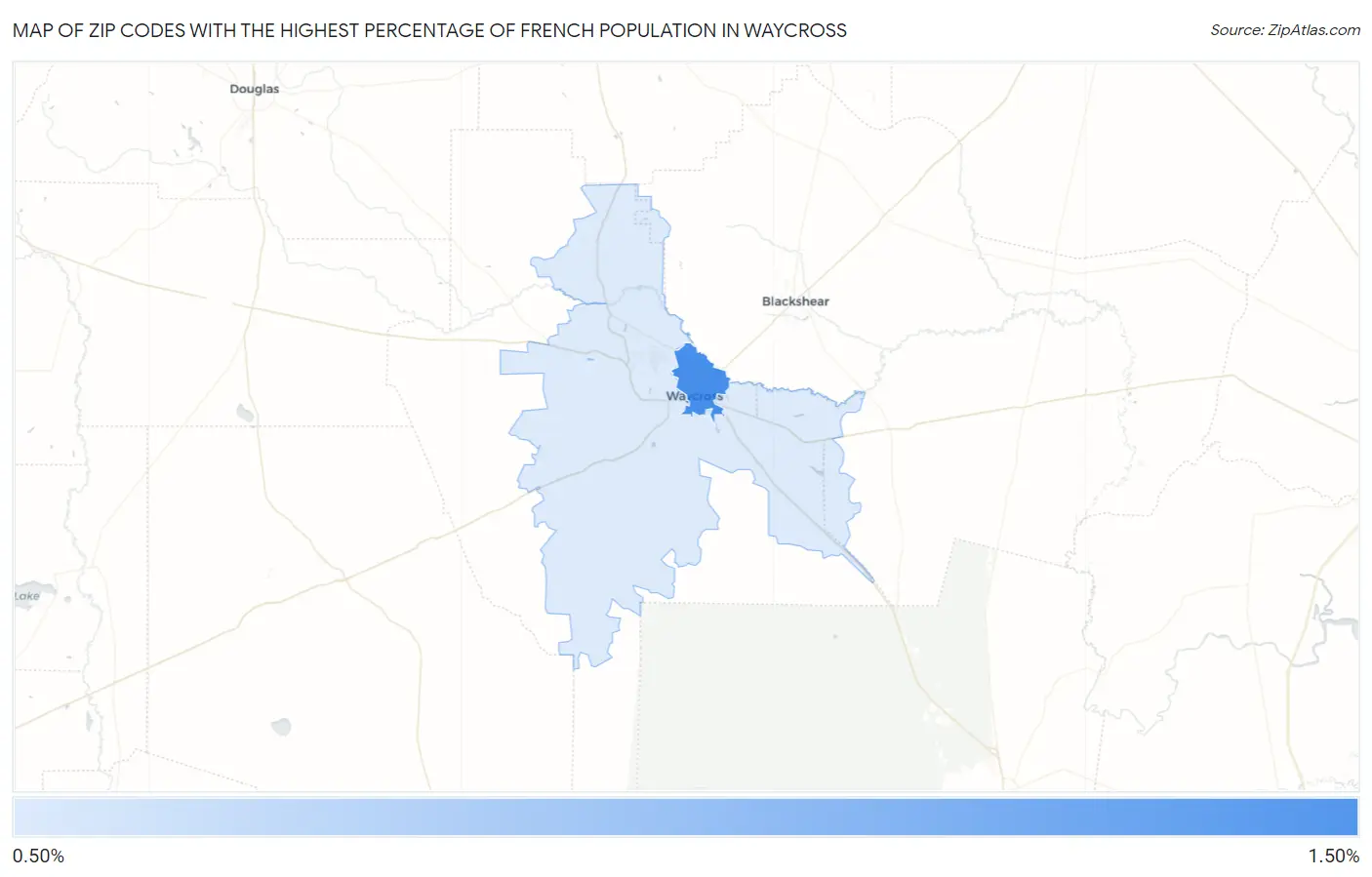 Zip Codes with the Highest Percentage of French Population in Waycross Map