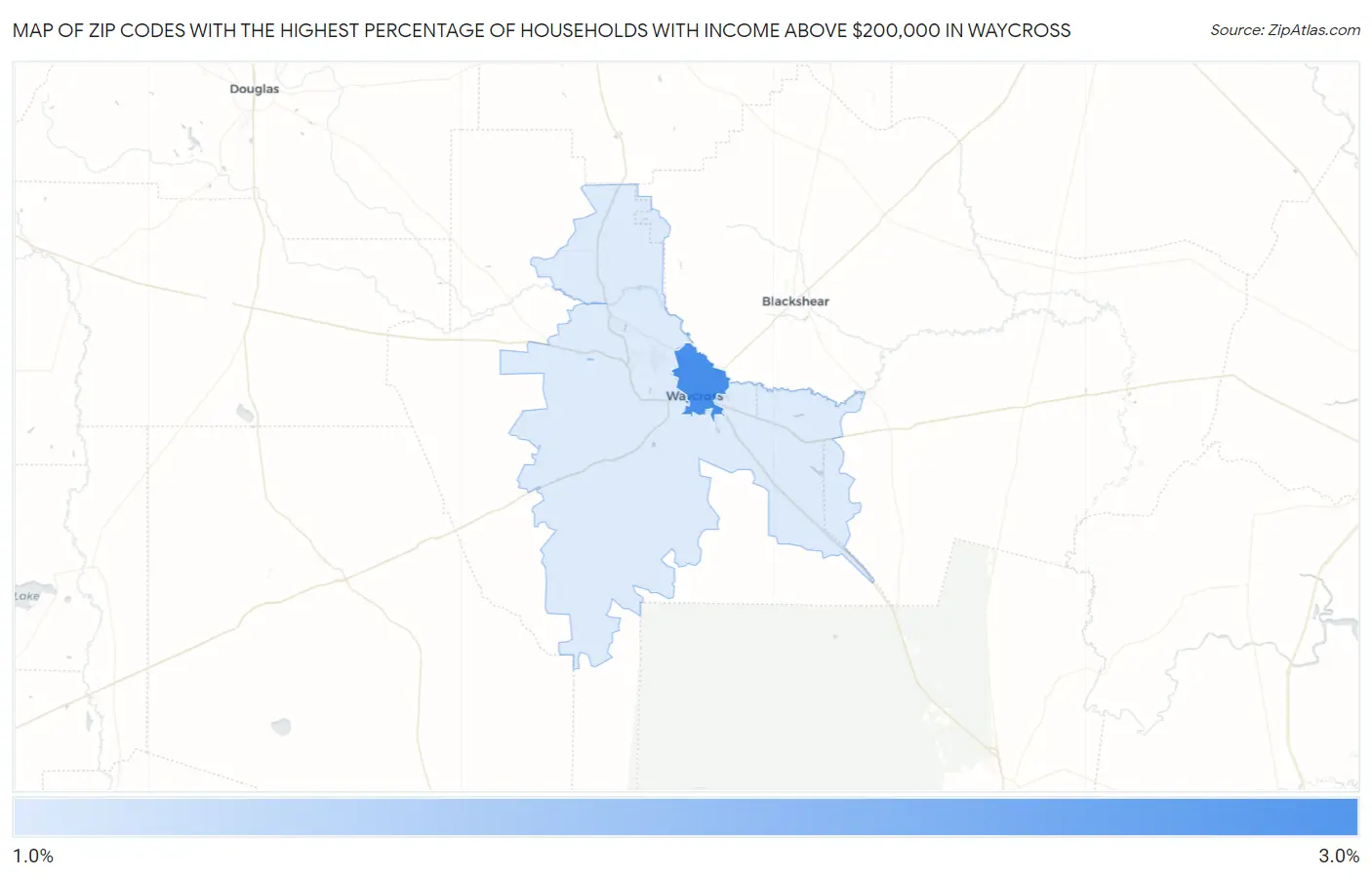 Zip Codes with the Highest Percentage of Households with Income Above $200,000 in Waycross Map
