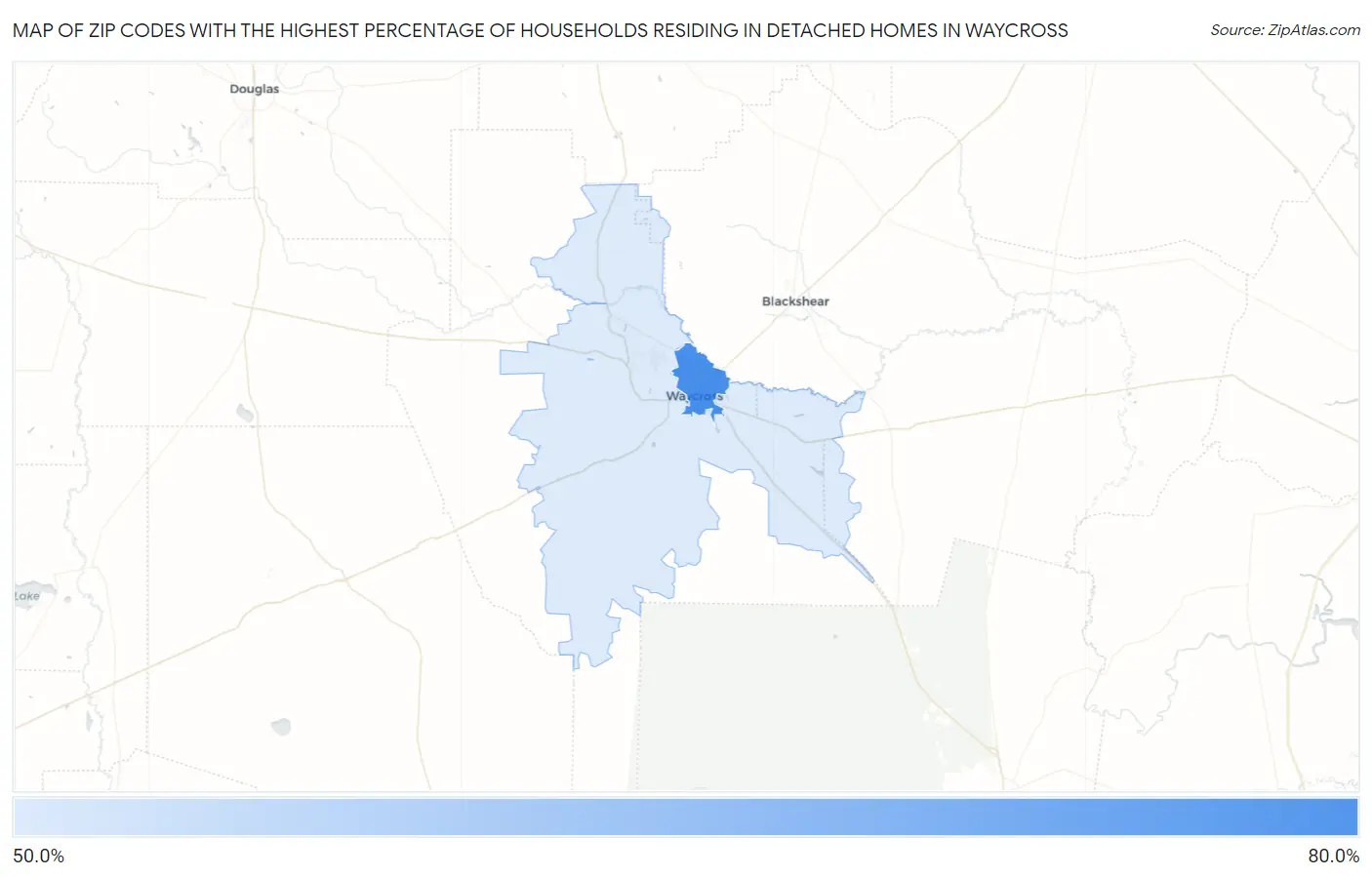 Zip Codes with the Highest Percentage of Households Residing in Detached Homes in Waycross Map