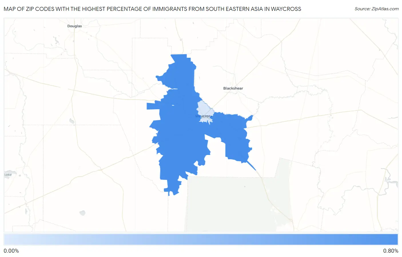 Zip Codes with the Highest Percentage of Immigrants from South Eastern Asia in Waycross Map