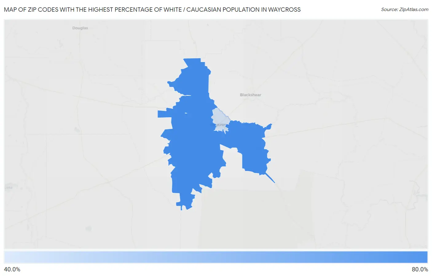 Zip Codes with the Highest Percentage of White / Caucasian Population in Waycross Map