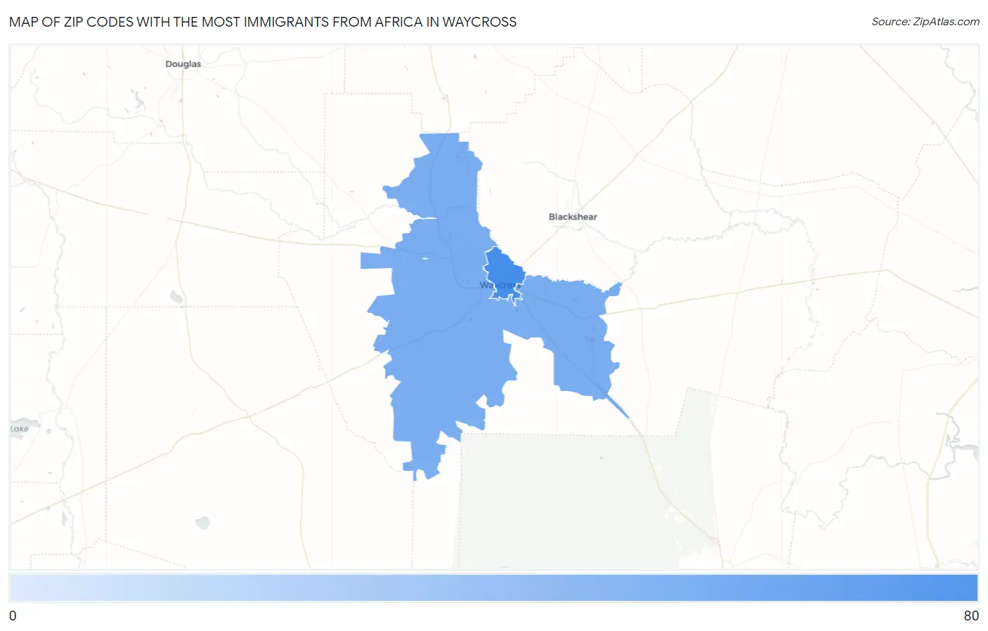 Zip Codes with the Most Immigrants from Africa in Waycross Map