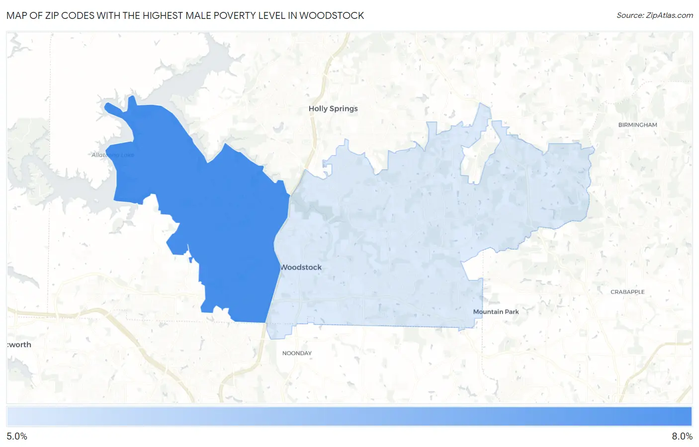 Zip Codes with the Highest Male Poverty Level in Woodstock Map