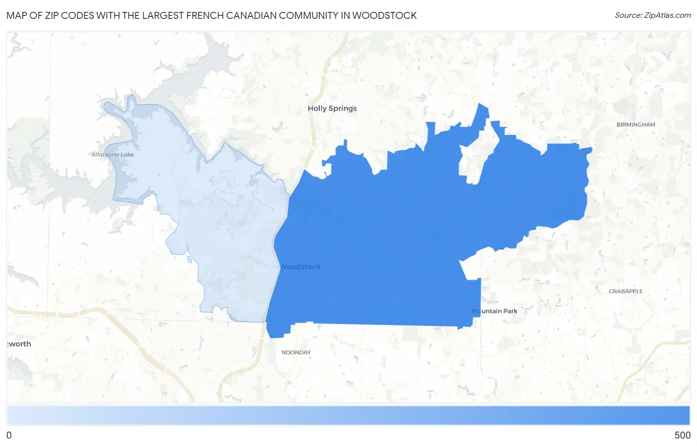 Zip Codes with the Largest French Canadian Community in Woodstock Map