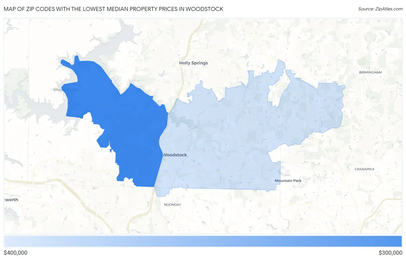Zip Codes with the Lowest Median Property Prices in Woodstock Map