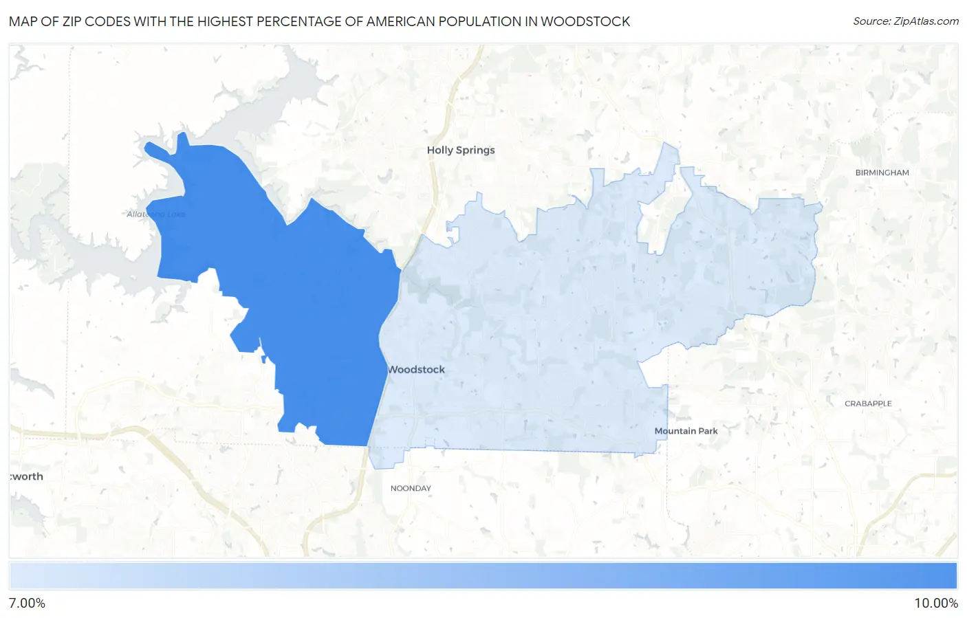 Zip Codes with the Highest Percentage of American Population in Woodstock Map