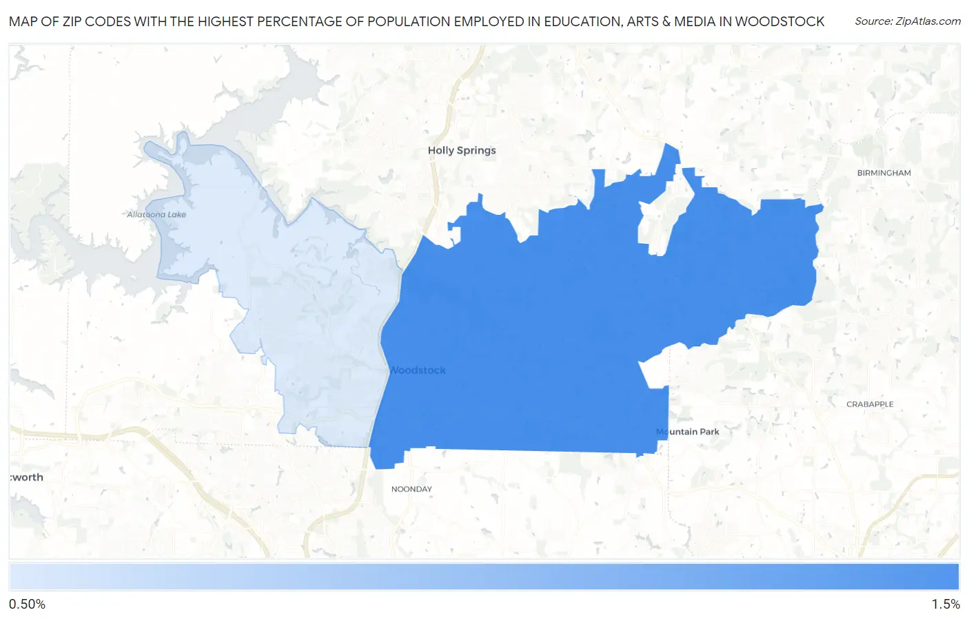 Zip Codes with the Highest Percentage of Population Employed in Education, Arts & Media in Woodstock Map