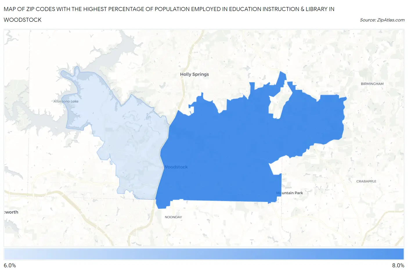 Zip Codes with the Highest Percentage of Population Employed in Education Instruction & Library in Woodstock Map
