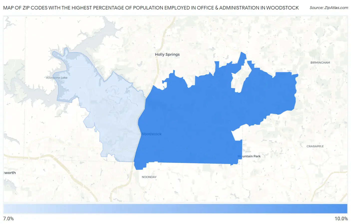 Zip Codes with the Highest Percentage of Population Employed in Office & Administration in Woodstock Map