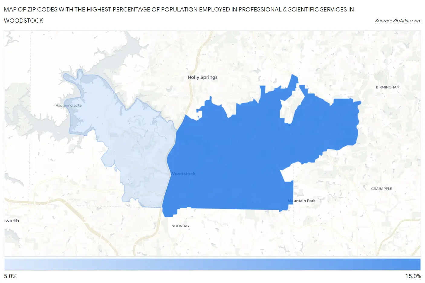 Zip Codes with the Highest Percentage of Population Employed in Professional & Scientific Services in Woodstock Map