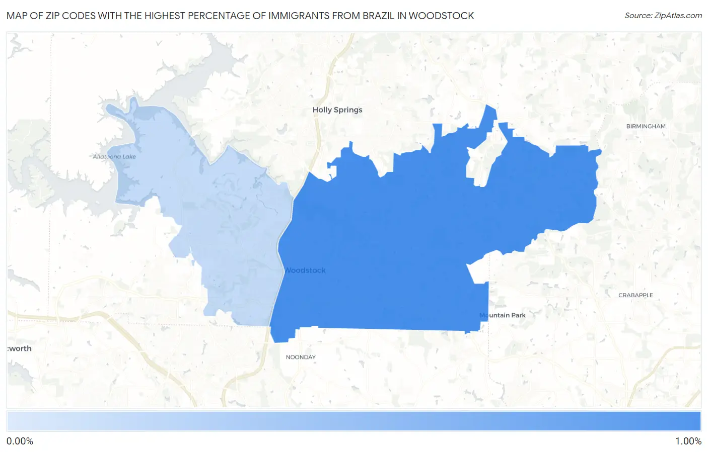 Zip Codes with the Highest Percentage of Immigrants from Brazil in Woodstock Map