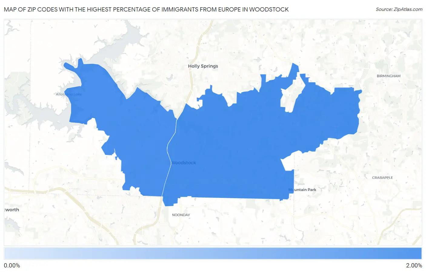 Zip Codes with the Highest Percentage of Immigrants from Europe in Woodstock Map