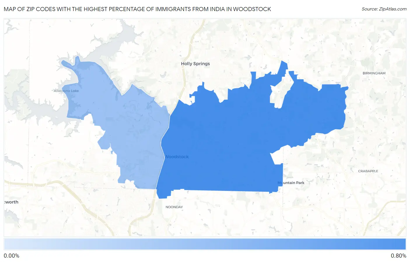 Zip Codes with the Highest Percentage of Immigrants from India in Woodstock Map