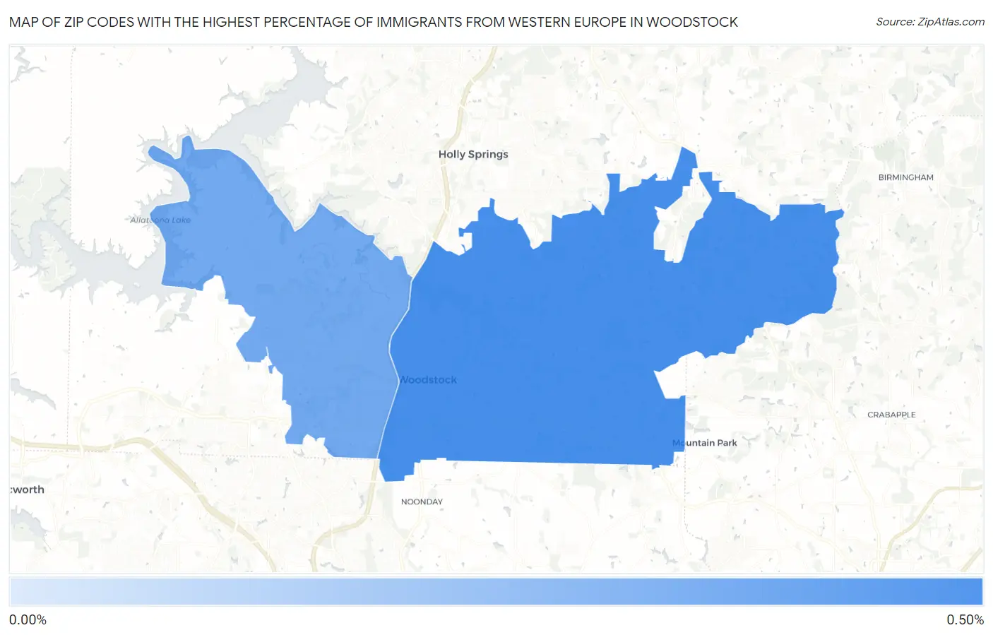 Zip Codes with the Highest Percentage of Immigrants from Western Europe in Woodstock Map