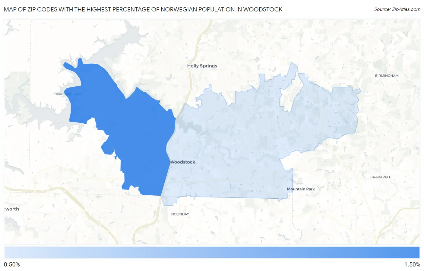 Zip Codes with the Highest Percentage of Norwegian Population in Woodstock Map