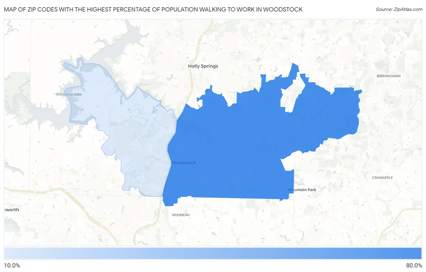 Zip Codes with the Highest Percentage of Population Walking to Work in Woodstock Map