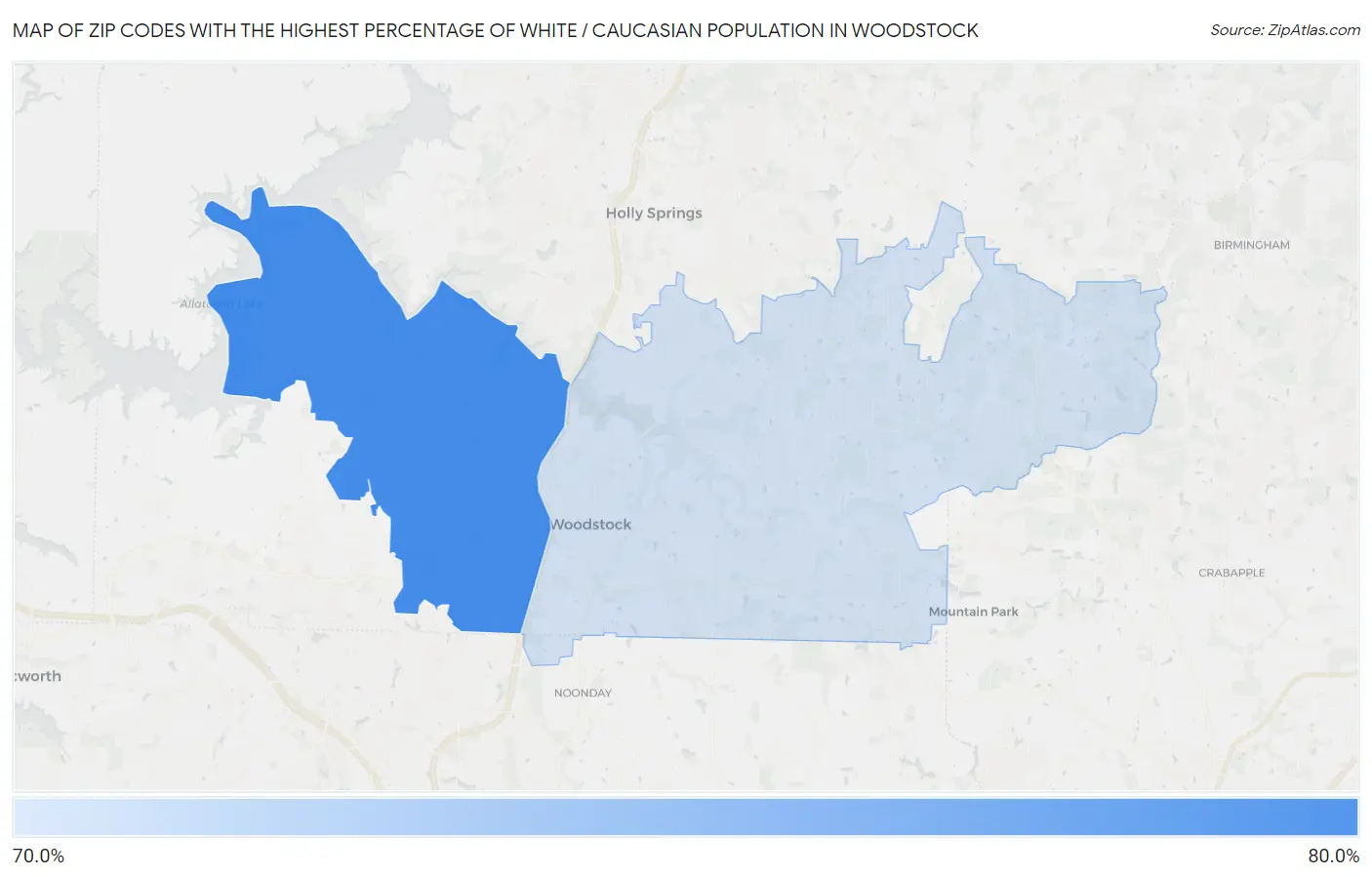Zip Codes with the Highest Percentage of White / Caucasian Population in Woodstock Map