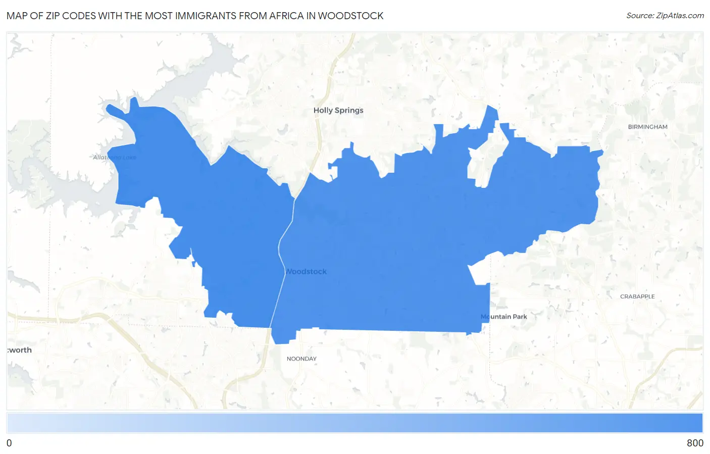 Zip Codes with the Most Immigrants from Africa in Woodstock Map