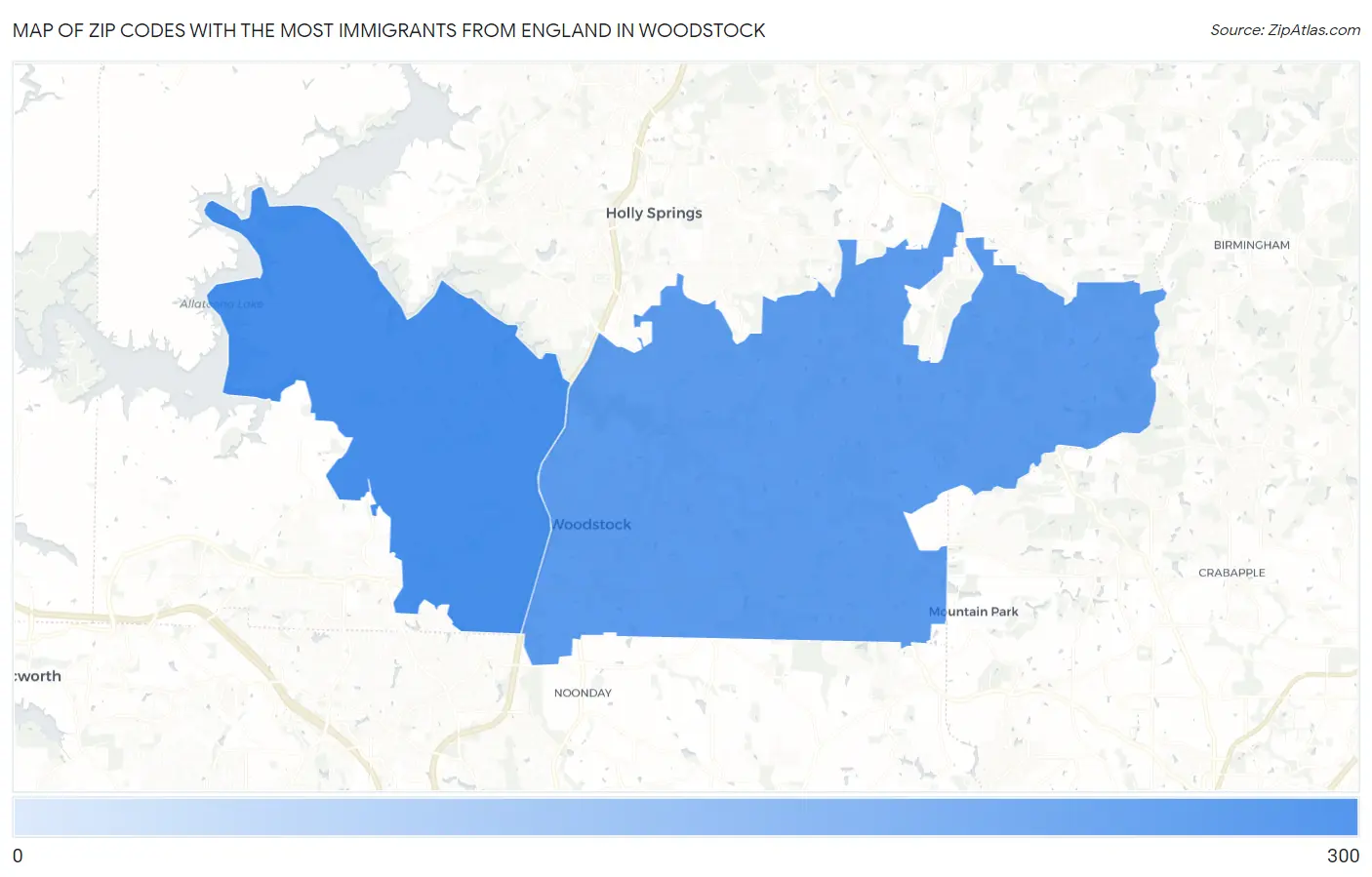 Zip Codes with the Most Immigrants from England in Woodstock Map